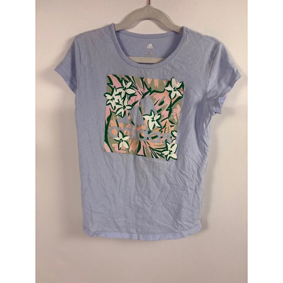 Adidas Floral Logo T-Shirt Light Blue Youth S (7/8) Casual Sporty Tee - Picture 1 of 3